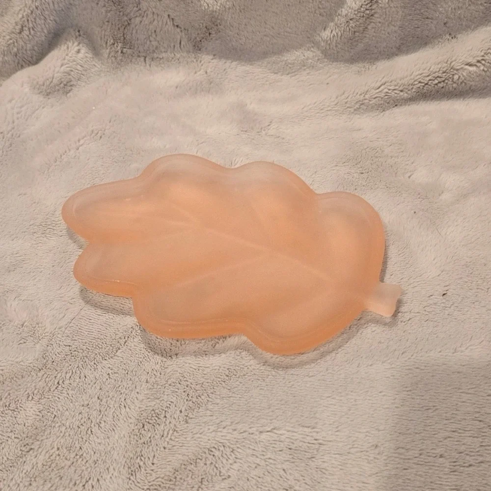 Frosted Peach/Pink Glass Oak Leaf Trinket Dish Matte Jewelry Tray Catchall 6.25